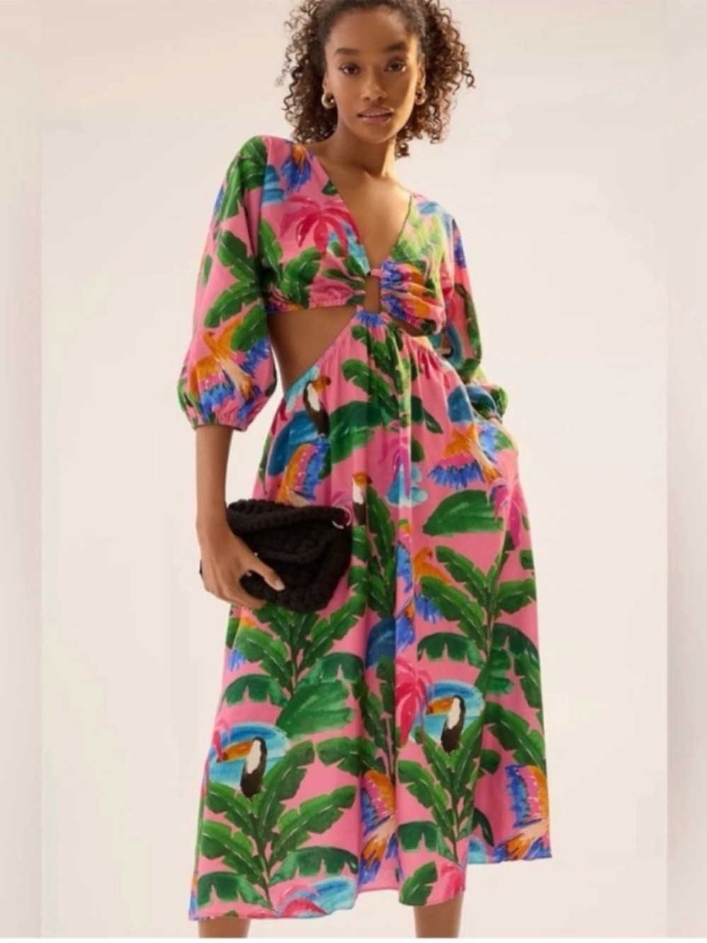 Farm Rio x Anthropologie Tropical Bird Cutout Maxi Dress Pink
